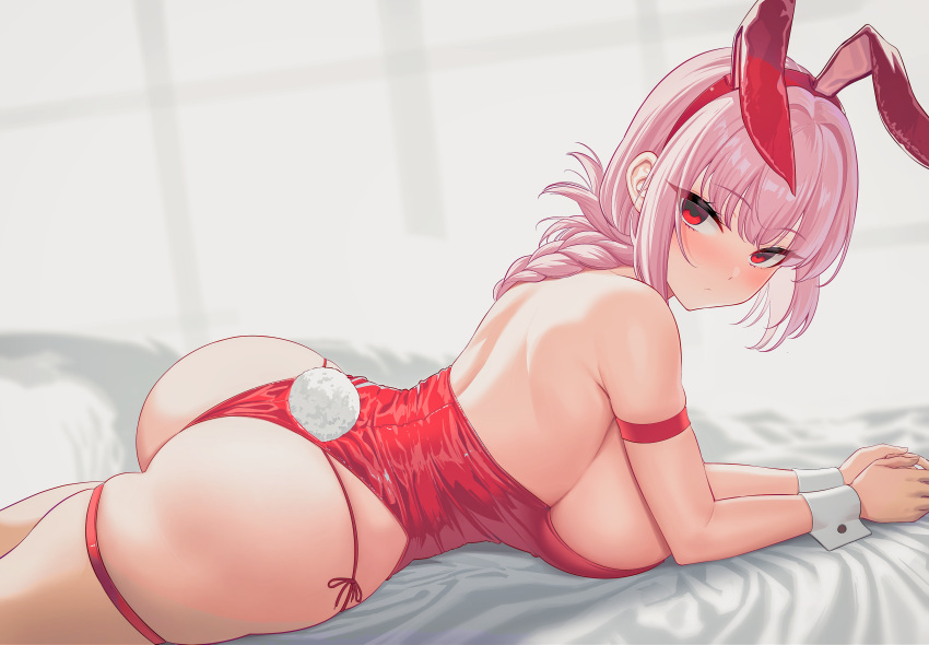 1girl absurdres alternate_costume animal_ears arm_strap ass back bare_shoulders blush breasts closed_mouth commentary english_commentary fake_animal_ears fake_tail fate/grand_order fate_(series) florence_nightingale_(fate) hair_ornament hairband highleg highleg_leotard highres kook large_breasts leotard long_hair looking_at_viewer lying on_stomach panties pink_hair rabbit_ears rabbit_tail red_eyes red_hairband red_leotard red_panties skindentation solo tail thigh_strap thighs underwear wrist_cuffs