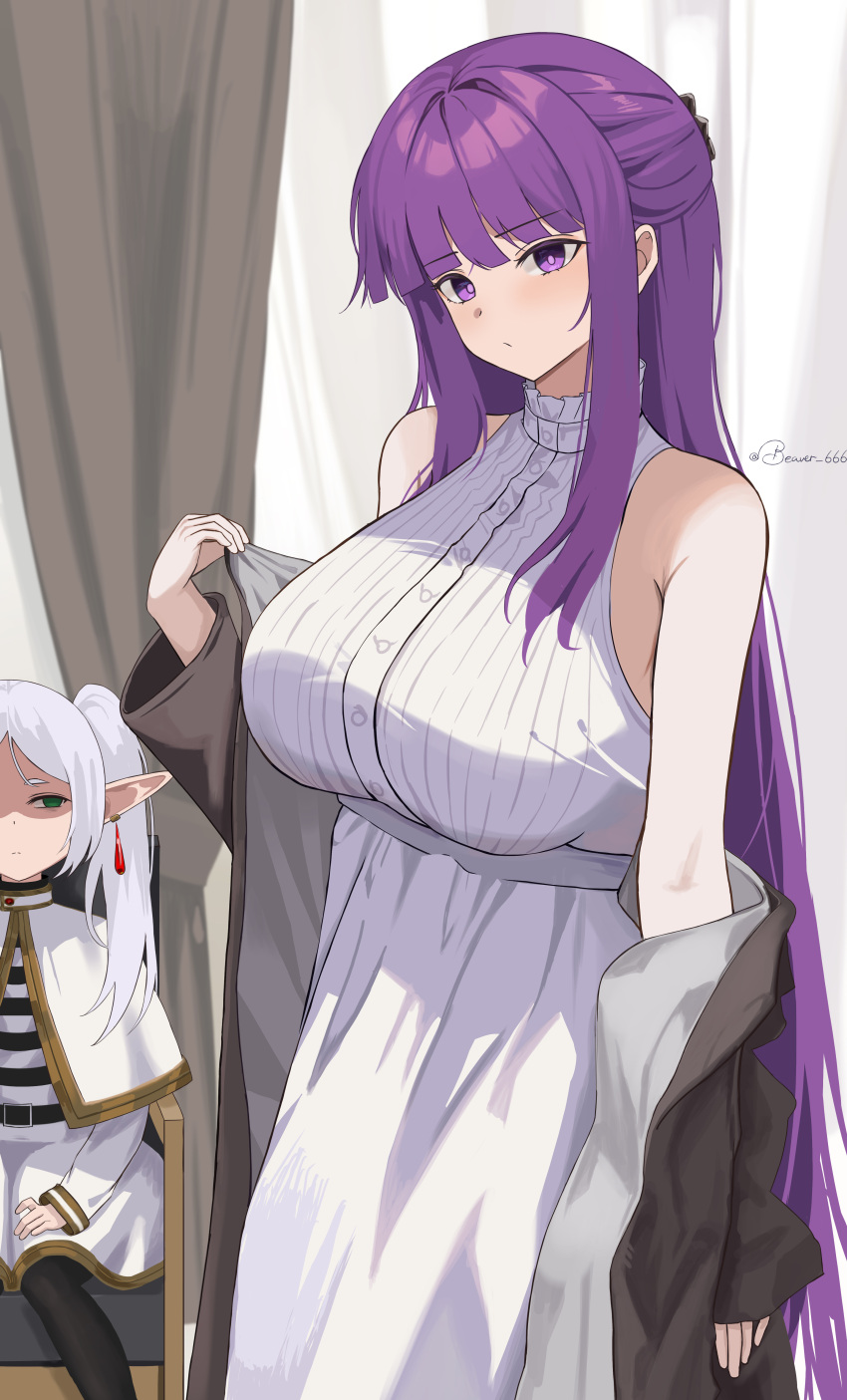 2girls absurdres black_pantyhose black_robe blunt_bangs blush breast_envy breasts bright_pupils dress dubeaduver fern_(sousou_no_frieren) frieren frown grey_hair highres holding_robe huge_breasts indoors looking_at_another looking_at_viewer multiple_girls pantyhose pointy_ears purple_eyes purple_hair robe shaded_face signature sitting sleeveless sleeveless_dress sousou_no_frieren standing white_dress white_pupils