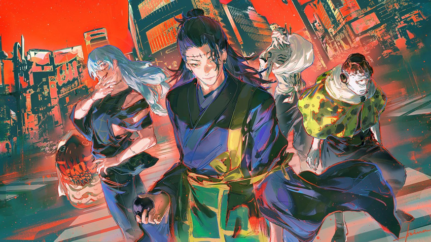 1other 3boys :p ball black_eyes black_hair black_kimono black_pants blue_hair capelet city closed_mouth cyclops dagon_(jujutsu_kaisen) ear_piercing getou_suguru getou_suguru_(kenjaku) hair_bun hair_pulled_back hanami_(jujutsu_kaisen) hand_up holding japanese_clothes jogo_(jujutsu_kaisen) jujutsu_kaisen kei_(keiuu) kimono long_hair long_sleeves looking_at_viewer mahito_(jujutsu_kaisen) monster multiple_boys one-eyed outdoors pale_skin pants piercing red_background red_eyes short_sleeves smile stitches tongue tongue_out twintails wide_sleeves yellow_capelet