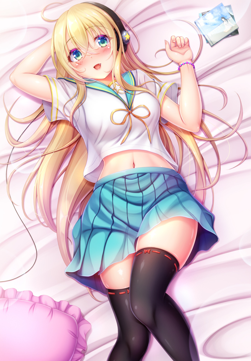 1girl aqua_eyes black_thighhighs blonde_hair blush breasts headphones highres hiro_(725611) large_breasts long_hair looking_at_viewer navel on_bed open_mouth original pillow pleated_skirt ribbon-trimmed_legwear ribbon_trim sailor_collar school_uniform serafuku short_sleeves skirt smile solo thighhighs uniform zettai_ryouiki