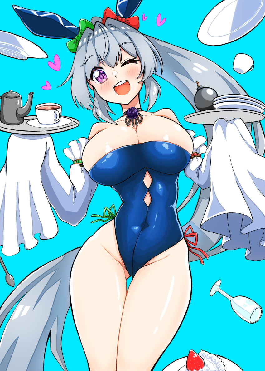 1girl ;d absurdres animal_ears black_choker blue_background blue_leotard blush bomb breasts choker cleavage commentary cup detached_sleeves explosive grey_hair groin gurajio heart highres large_breasts leotard long_hair looking_at_viewer mononobe_no_futo one_eye_closed open_mouth plate playboy_bunny ponytail purple_eyes rabbit_ears simple_background smile solo teacup teapot teeth touhou upper_teeth_only very_long_hair