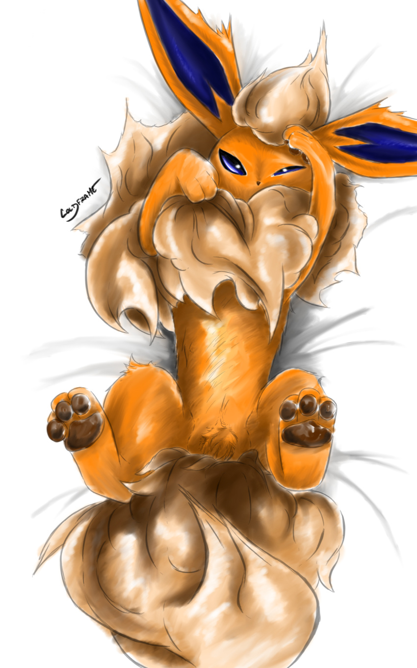 absurd_res ambiguous_gender bed blue_eyes canid canine coldframe cuddly eeveelution female feral flareon fluffy fox furniture generation_1_pokemon hi_res male male/female mammal nintendo pawpads pokemon pokemon_(species) solo tired