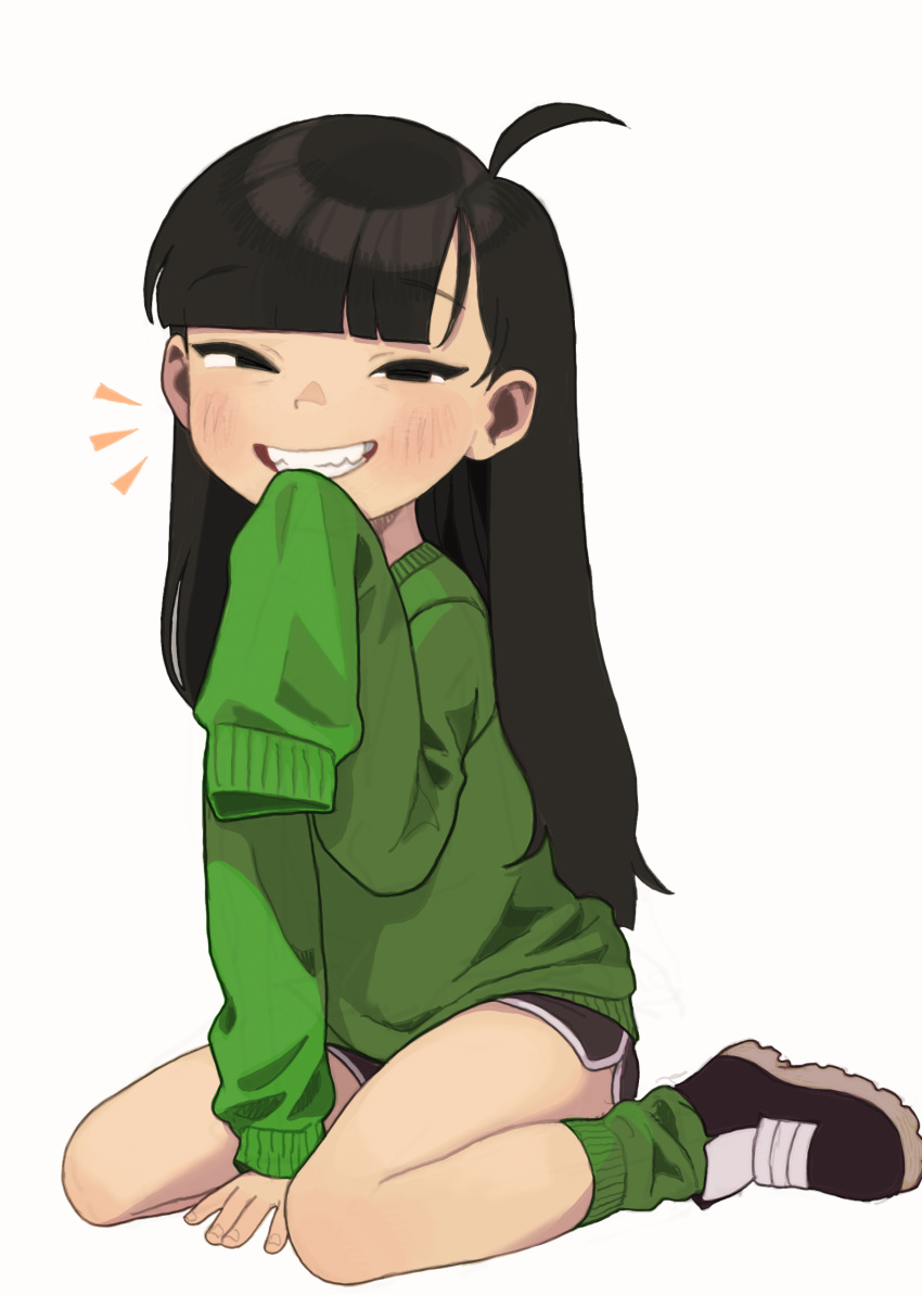 1girl absurdres ahoge bare_legs black_eyes black_footwear black_hair black_shorts blunt_bangs blush child codename:_kids_next_door commentary dolphin_shorts female_child full_body green_socks green_sweater grin half-closed_eyes highres kuki_sanban loose_socks opossumachine shoes short_shorts shorts simple_background sleeves_past_fingers sleeves_past_wrists smile socks solo sweater white_background