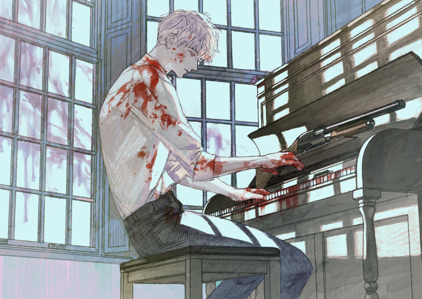 1boy blood blood_on_arm blood_on_clothes blood_on_face blood_on_hands blood_on_window blue_background chair closed_mouth full_body grey_hair gun hands_up highres indoors instrument jaddddan looking_down male_focus music original piano playing_instrument playing_piano shirt short_hair shotgun sitting solo very_short_hair weapon white_shirt