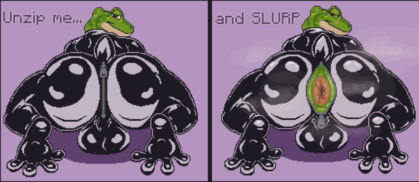 amphibian anal_wink animated anthro anus backsack balls blush butt clothing comic comic_panel dialogue digital_media_(artwork) dominant dominant_male frog genitals hi_res latex male musk musk_clouds musky_butt pixel_(artwork) pixel_animation presenting presenting_hindquarters puffy_anus rubber rubber_clothing rubber_suit smile smirk solo talking_to_viewer text twerking two_panel_image u4e zipper