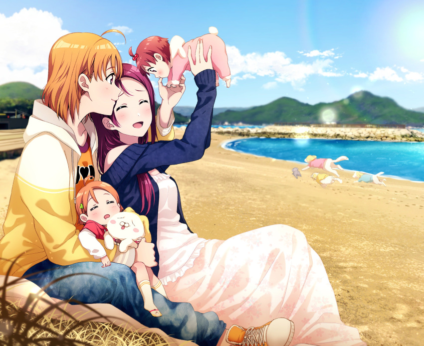 4girls absurdres aged_up baby beach blue_cardigan cardigan closed_eyes denim dog dress highres holding_baby hood hoodie if_they_mated ips_cells jeans kougi_hiroshi long_hair long_sleeves love_live! love_live!_sunshine!! medium_hair multiple_girls ocean orange_footwear orange_hair orange_shirt pants pink_dress puppy red_hair sakurauchi_riko shirt shoes smile sneakers takami_chika wife_and_wife yellow_eyes yuri