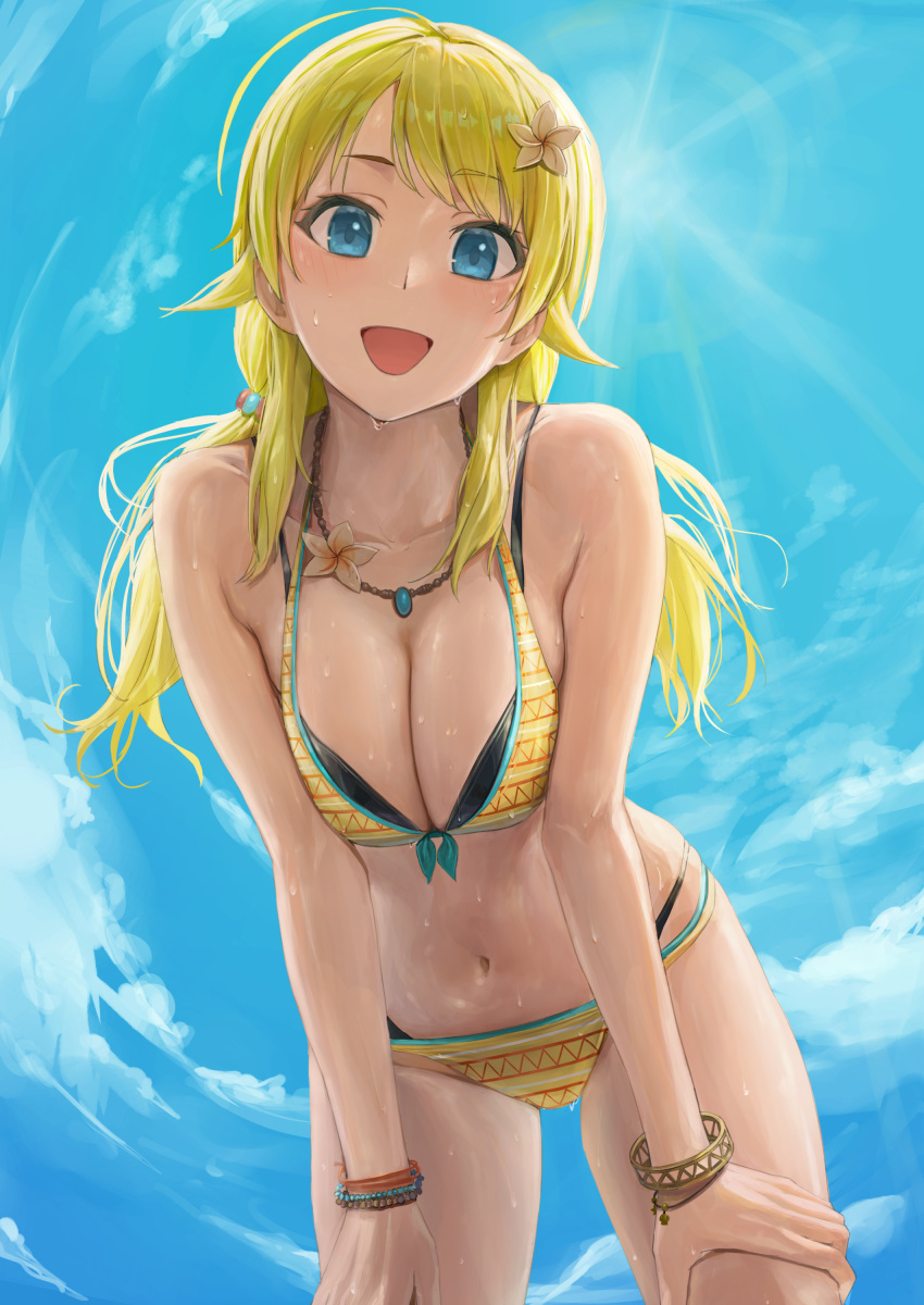 1girl absurdres ahoge ano_(gccx8784) bikini blonde_hair blue_eyes blush bracelet breasts cleavage collarbone flower hachimiya_meguru hair_flower hair_ornament hands_on_own_thighs highres idolmaster idolmaster_shiny_colors jewelry large_breasts leaning_forward looking_at_viewer navel outdoors smile solo stomach sunlight sweat swimsuit twintails yellow_bikini