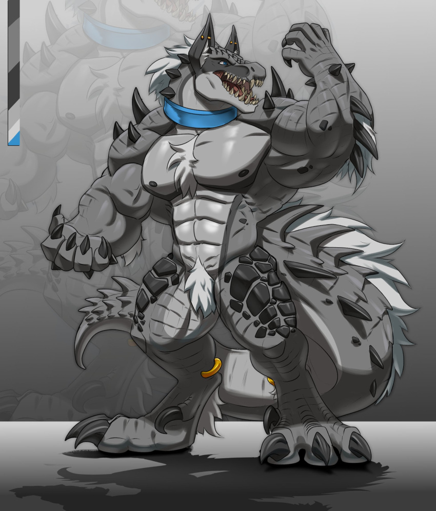 abs alligator alligatorid anthro arm_spikes biceps big_arms big_biceps biped blue_eyes body_hair canid canine canis chest_hair claws clothing collar crocodile crocodilian crocodylid ear_piercing ear_ring fangs featureless_crotch gold_(metal) gold_jewelry grey_body grey_hair grey_scales grey_skin hair hi_res hybrid jewelry legwear male mammal markings monster muscular muscular_anthro muscular_male muscular_thighs nipples open_mouth palette pecs piercing plated_scales pubes reptile ring_piercing scale_markings scales scalie serratus sharp_claws sharp_teeth shoulder_spikes silver_hair solo spiked_arms spiked_body spiked_tail spikes spikes_(anatomy) tail tail_tuft teeth tuft valentinesartx vein were wolf