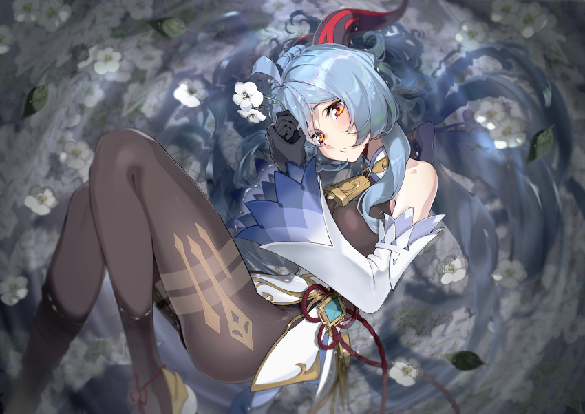 1girl absurdres bell black_gloves blue_hair bodystocking cowbell detached_sleeves ganyu_(genshin_impact) genshin_impact gloves goat_horns gold_trim highres horns long_hair looking_at_viewer neck_bell open_mouth qingxin_flower shot_(shot0598) solo vision_(genshin_impact) water white_sleeves