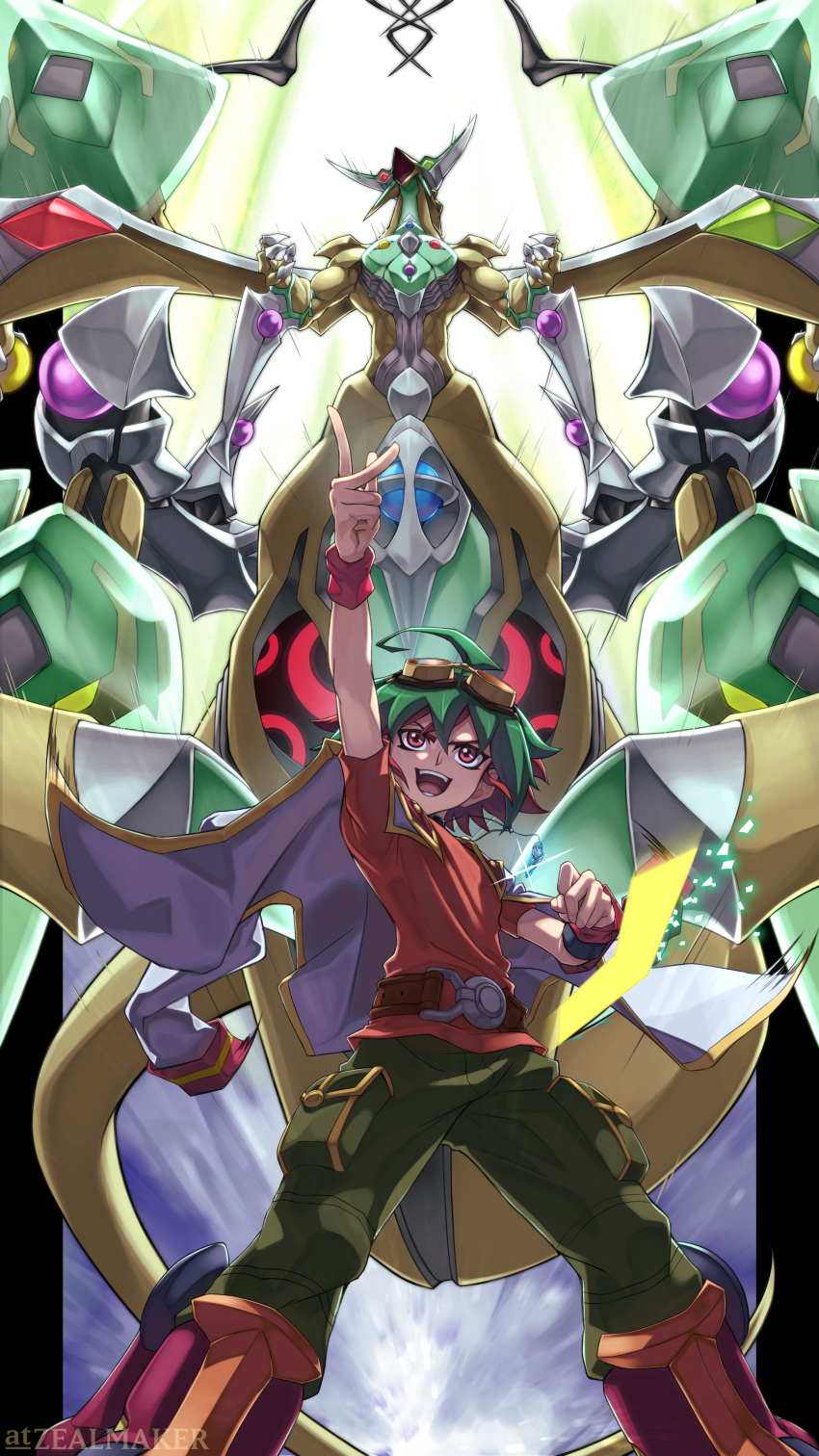 1boy absurdres artist_name dragon duel_disk duel_monster goggles goggles_on_head green_hair green_pants highres jacket jacket_on_shoulders jewelry light_rays male_focus multicolored_hair necklace open_mouth orange_shirt pants pendant pendulum pointing pointing_up red_eyes red_hair sakaki_yuuya shirt supreme_king_z-arc two-tone_hair yu-gi-oh! yu-gi-oh!_arc-v zealmaker