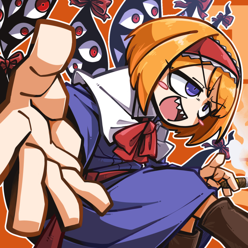 1girl alice_margatroid amerika_zarigani blonde_hair blue_dress blush blush_stickers boots bow bowtie brown_footwear cigar commentary_request cookie_(touhou) dress feet_out_of_frame flat_chest gap_(touhou) hairband highres holding holding_cigar looking_afar medium_bangs open_mouth orange_footwear purple_eyes red_bow red_bowtie red_hairband red_sash sash sharp_teeth short_hair smile smoke solo taisa_(cookie) teeth touhou v-shaped_eyebrows