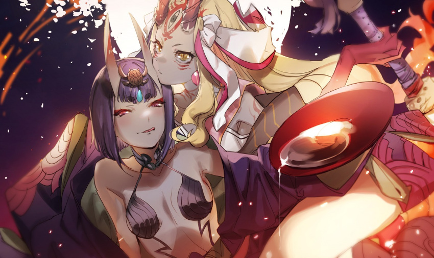 2girls alcohol bare_shoulders blonde_hair bob_cut breasts collarbone cup earrings eyeliner facial_mark fate/grand_order fate_(series) forehead forehead_mark hair_pulled_back hair_ribbon headpiece horns ibaraki_douji_(fate) japanese_clothes jewelry kimono licking_lips long_hair long_sleeves looking_at_viewer makeup multiple_girls no-kan off_shoulder oni oni_horns pouring purple_eyes purple_hair purple_kimono revealing_clothes ribbon sakazuki sake sash short_hair shuten_douji_(fate) skin-covered_horns slit_pupils small_breasts smile sword tattoo tongue tongue_out weapon wide_sleeves yellow_eyes yellow_kimono