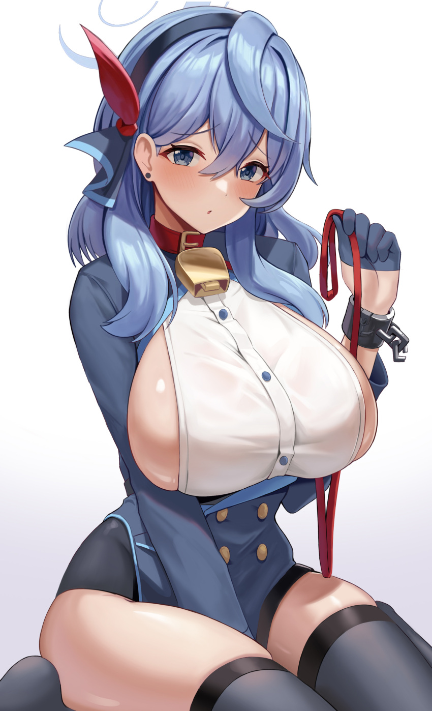 1girl absurdres ako_(blue_archive) bell between_legs black_gloves black_thighhighs blue_archive blue_eyes blue_hair blush breasts collar commentary earrings gloves gradient_background hair_between_eyes hairband halo hand_between_legs highres holding holding_leash huge_breasts jewelry kneeling leash long_hair long_sleeves looking_at_viewer neck_bell onedoo sideboob simple_background skindentation skirt solo symbol-only_commentary thighhighs thighs