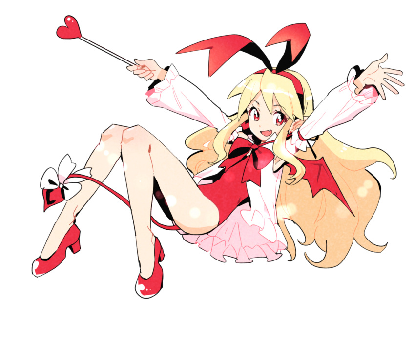 1girl bare_legs blonde_hair bow dede_(qwea_00000) demon_girl demon_tail disgaea earrings fang flonne flonne_(fallen_angel) jewelry leotard long_hair makai_senki_disgaea open_mouth pointy_ears red_eyes red_leotard ribbon simple_background solo tail tail_bow tail_ornament white_background wings