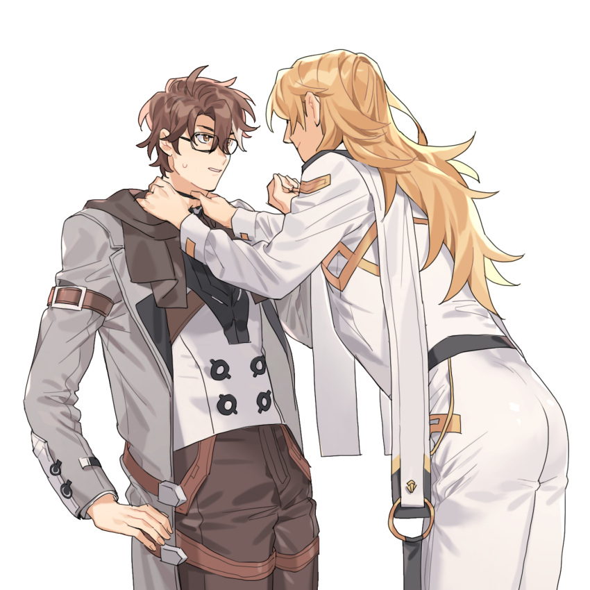 2boys arm_belt belt black-framed_eyewear blonde_hair brown_belt brown_hair brown_scarf chinese_commentary closed_mouth glasses grey_jacket hair_between_eyes hand_up hands_on_another's_neck highres honkai:_star_rail honkai_(series) jacket long_hair long_jacket long_sleeves looking_at_another male_focus multicolored_hair multiple_boys orange_eyes pants parted_lips scarf shirt short_hair simple_background smile standing streaked_hair sweat vest void_archives_(honkai_impact) welt_yang white_background white_hair white_pants white_shirt white_vest yaoi zhangzuisang