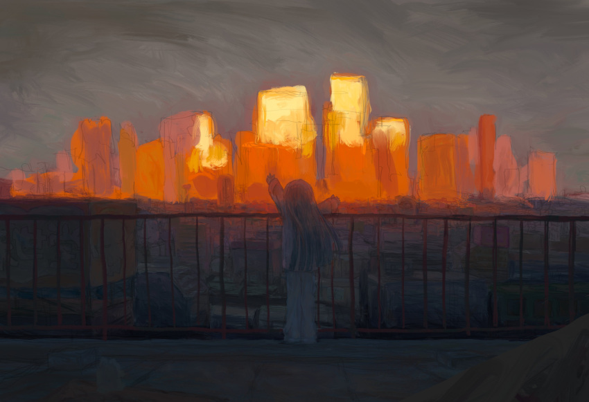 1girl absurdres arms_up billboard blunt_ends building city cloud cloudy_sky facing_away floating_hair from_behind highres limited_palette long_hair long_sleeves original outdoors outstretched_arms oyu pajamas railing rooftop shade sketch sky skyline skyscraper solo standing sunset