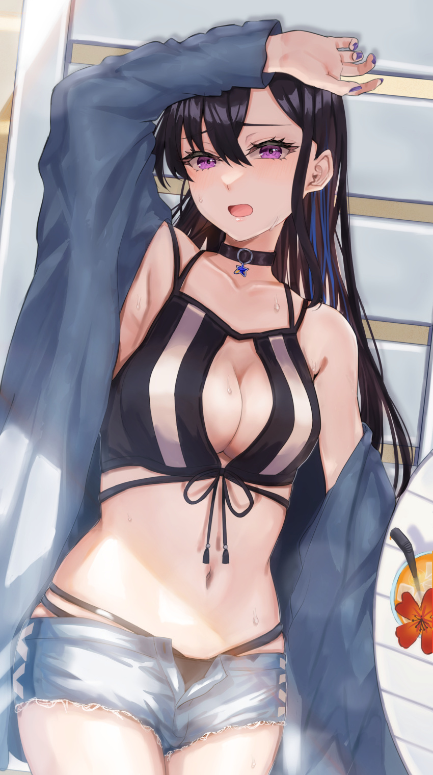 1girl absurdres armpits bikini black_bikini black_choker black_hair blue_hair blue_jacket blue_nails blue_shorts breasts center_opening choker cleavage cup drinking_straw flower front-tie_bikini_top front-tie_top hair_between_eyes hibiscus highres ichinose_uruha jacket large_breasts long_hair long_sleeves looking_at_viewer lying multi-strapped_bikini multicolored_hair navel on_back open_clothes open_jacket open_mouth open_shorts purple_eyes riannon_neko short_shorts shorts solo star_(symbol) star_choker stomach streaked_hair sweat swimsuit tropical_drink virtual_youtuber vspo! white_bikini