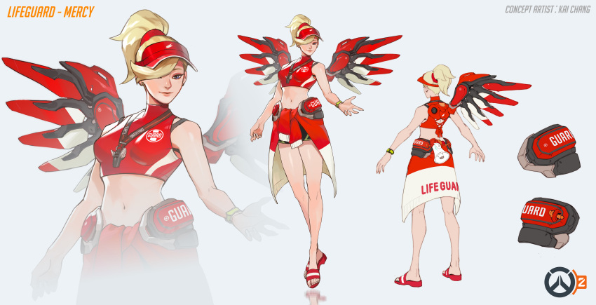 1girl a-pose absurdres artist_name bare_legs blonde_hair character_name closed_mouth concept_art english_commentary english_text hair_over_one_eye high_ponytail highres lifeguard logo mercy_(overwatch) midriff navel official_art open_hands overwatch overwatch_2 ponytail red_footwear sandals smbbkai solo whistle whistle_around_neck wings