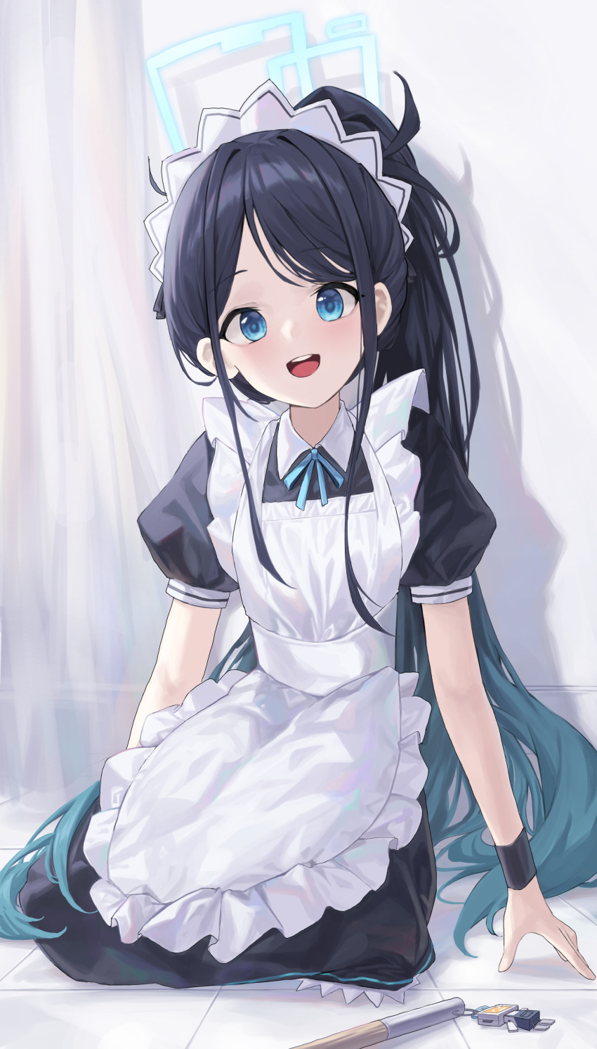 &lt;key&gt;_(robot)_(blue_archive) 1girl :d absurdres apron aqua_ribbon aris_(blue_archive) aris_(maid)_(blue_archive) black_dress black_hair black_wristband blue_archive blue_eyes blue_hair blue_halo collared_dress commentary curtains dress frilled_apron frills gradient_hair halo highres indoors long_hair looking_at_viewer maid maid_apron maid_headdress mansu_(user_pnmp4287) multicolored_hair neck_ribbon official_alternate_costume on_floor open_mouth ponytail puffy_short_sleeves puffy_sleeves ribbon shadow short_sleeves sitting smile solo teeth tile_floor tiles upper_teeth_only very_long_hair white_apron
