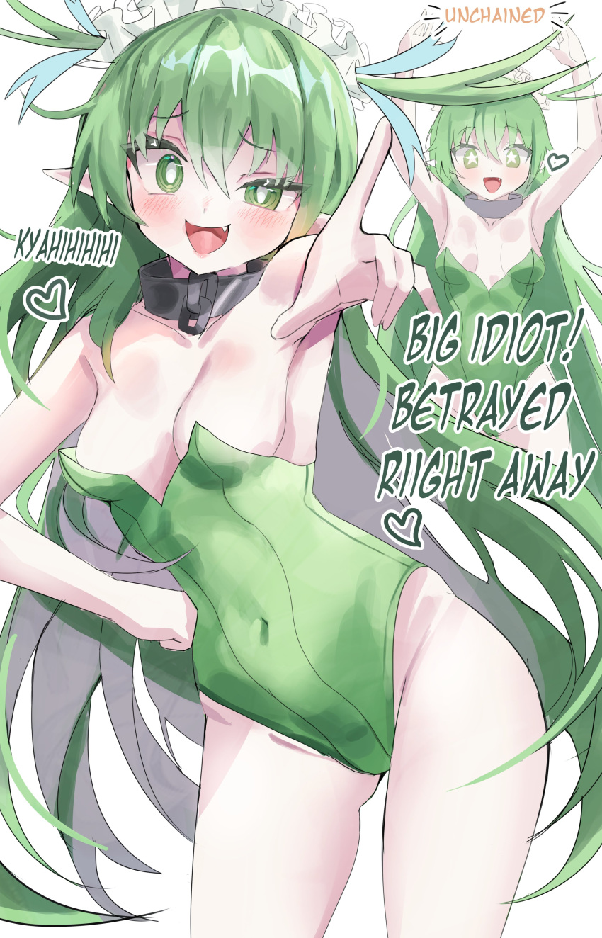 1girl :d absurdres arms_up black_souls breasts bright_pupils collar english_commentary english_text fang green_eyes green_hair green_leotard hand_on_own_hip heart highres leotard long_hair looking_at_viewer metal_collar multiple_views open_mouth pointing pointing_at_viewer simple_background small_breasts smile star-shaped_pupils star_(symbol) strapless strapless_leotard symbol-shaped_pupils wellski white_background white_pupils