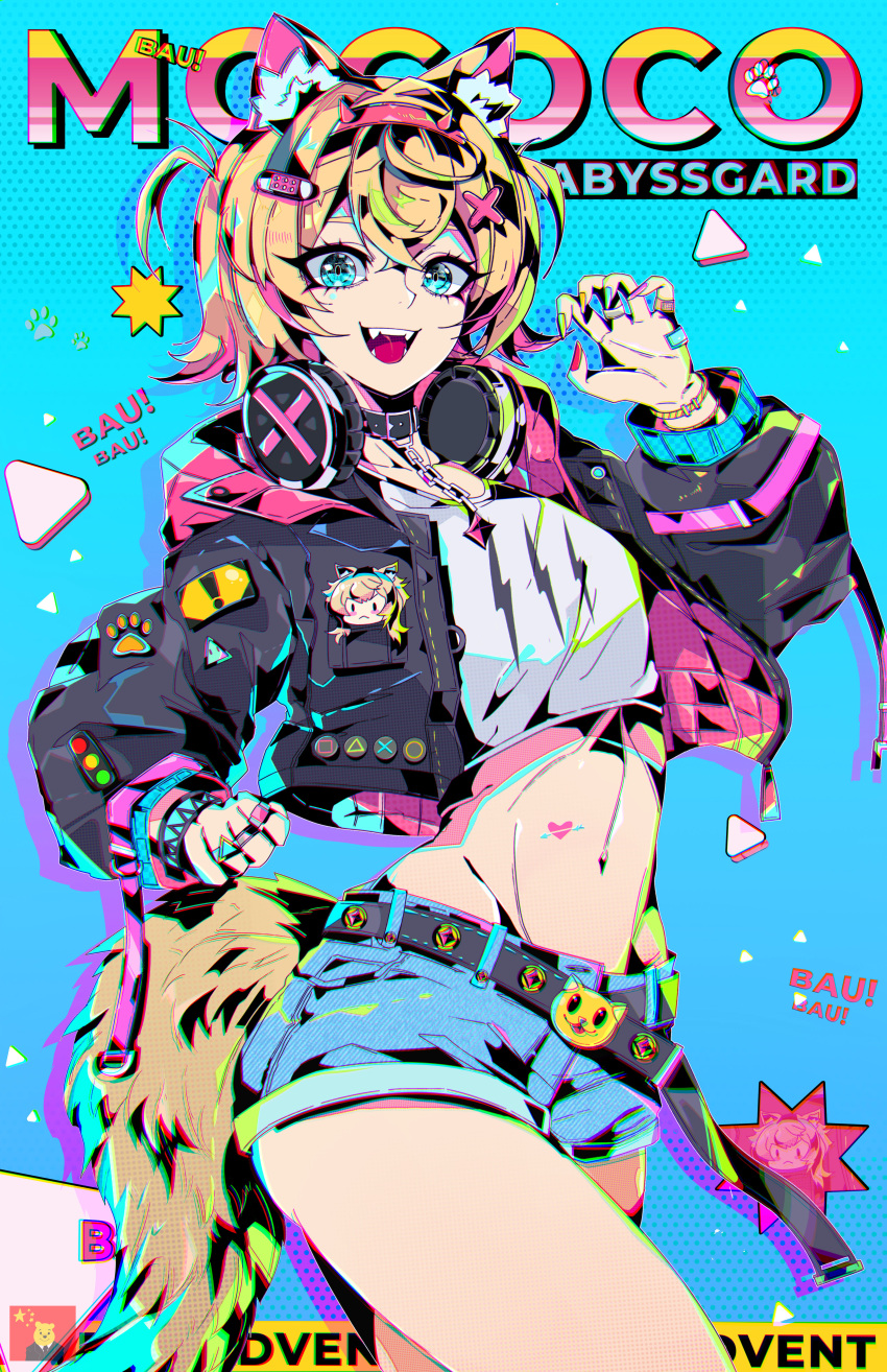 1girl absurdres animal_ear_fluff animal_ears bandaid_hair_ornament black_collar black_jacket blonde_hair blue_eyes blue_nails blue_shorts breasts character_name collar cropped_jacket cropped_shirt defaultz dog_ears dog_girl dog_tail fuwawa_abyssgard hair_ornament headphones headphones_around_neck highres hololive hololive_english jacket jewelry looking_at_viewer mococo_abyssgard multicolored_hair multicolored_nails navel open_mouth pink_hair pink_nails ring shirt shorts small_breasts smile solo spiked_collar spikes streaked_hair tail two_side_up virtual_youtuber white_shirt x_hair_ornament yellow_nails