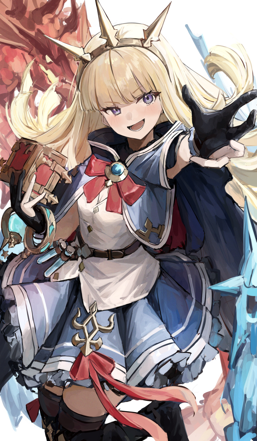 1girl absurdres belt black_gloves black_thighhighs blonde_hair blue_capelet blue_skirt blunt_bangs blush breasts brown_belt cagliostro_(granblue_fantasy) capelet commentary frilled_skirt frills gloves granblue_fantasy hairband highres holding_cube jumping long_hair open_mouth partially_fingerless_gloves potion purple_eyes red_ribbon ribbon shiro_wa_(shiroshironix) shirt skirt small_breasts smile solo spiked_hairband spikes thighhighs white_shirt