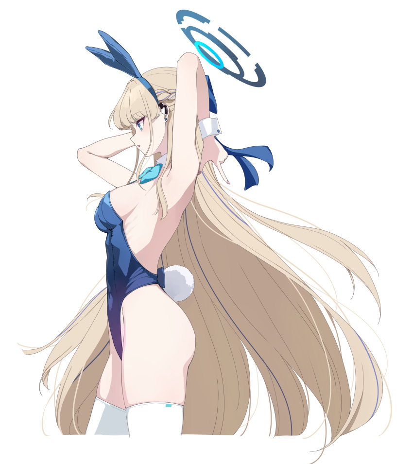 1girl :o absurdres animal_ears armpits arms_up blue_archive blue_hairband blue_leotard bow bowtie breasts cropped_legs detached_collar facing_to_the_side fake_animal_ears fake_tail floating_hair from_side hairband halo highleg highleg_leotard highres leotard long_hair looking_ahead medium_breasts parted_lips playboy_bunny profile rabbit_ears rabbit_tail sideboob simple_background solo tail thighhighs thighs toki_(blue_archive) toki_(bunny)_(blue_archive) tomu_(tom_309k) very_long_hair white_background white_thighhighs wrist_cuffs