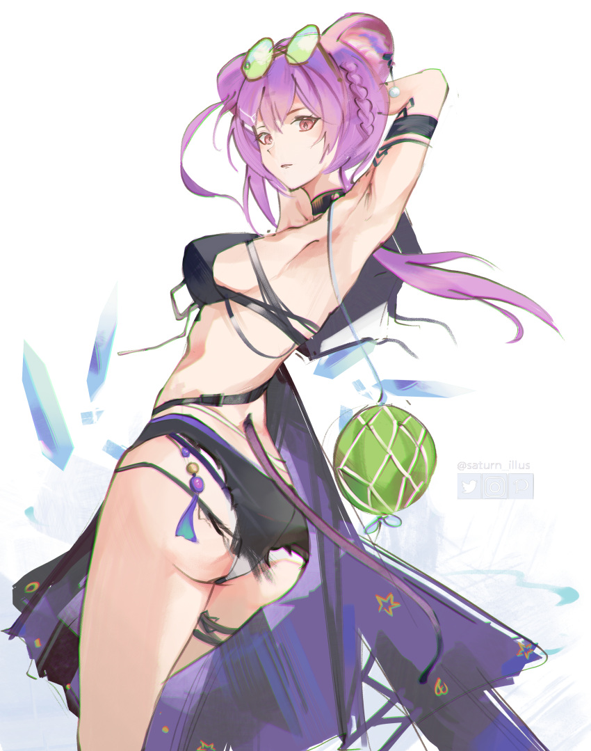 1girl absurdres arknights arm_up armpits ass bikini black_bikini black_shorts braid breasts cmdr_saturn commentary_request cowboy_shot eyewear_on_head from_behind hair_bun highres lin_(arknights) long_hair looking_at_viewer looking_back medium_breasts panties parted_lips purple_hair red_eyes round_eyewear shorts simple_background solo standing swimsuit thigh_strap twitter_username underwear white_background white_panties