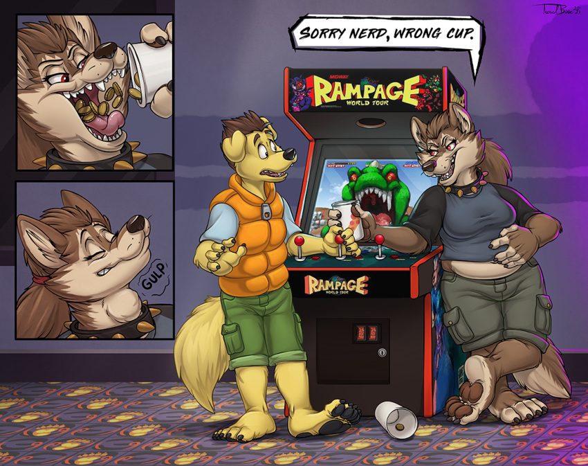 2021 anthro arcade arcade_machine back_to_the_future belly beverage bird_dog blue_clothing blue_shirt blue_t-shirt blue_topwear bottomwear breasts brown_body brown_eyes brown_fur brown_hair canid canine canis cargo_shorts clothing collar comic detailed_background dialogue domestic_dog duo eating evil_grin female fur hair hunting_dog insult labrador male male/female mammal orange_clothing orange_topwear orange_vest overweight overweight_female pawpads paws ponytail rampage_(game) retriever ripley_(teaselbone) shirt shorts smile soda soda_cup spiked_collar spikes surprised_expression t-shirt teaselbone topwear touching_belly vest were werecanid werecanine werewolf wolf yellow_body yellow_fur