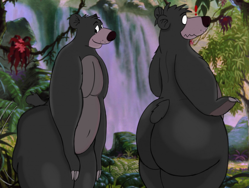 anonymous_artist anthro baloo bear belly big_belly big_butt butt butt_grab clawed_fingers claws disney forest fur grey_body grey_fur hand_on_butt huge_butt huge_hips huge_thighs jungle male male/male mammal moobs overweight overweight_anthro overweight_male plant shocked shocked_expression shocked_face smile snout soft_belly solo tail the_jungle_book thick_thighs tree twerking ursine waterfall wide_hips