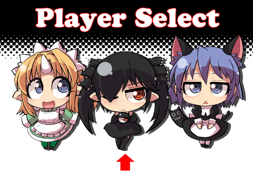 3girls :d animal_ears apron arrow_(symbol) backbeako backbeard black_dress black_footwear black_gloves black_hair black_ribbon black_thighhighs blonde_hair blue_eyes blue_hair blush cat cat_ears cat_tail chibi_yami commentary_request dress elbow_gloves english_text futaba_channel gegege_no_kitarou gloves green_dress green_thighhighs hair_between_eyes hair_over_one_eye hair_ribbon holding horns jitome kirin_(nijiura_maid) long_hair long_sleeves looking_at_viewer looking_to_the_side maid_headdress multiple_girls nijiura_maids one_eye_closed open_mouth original partial_commentary pointy_ears red_eyes ribbon ringed_eyes short_hair simple_background single_horn sleeveless sleeveless_dress smile tail thighhighs torotei triangle_mouth twintails waist_apron white_apron white_background white_thighhighs