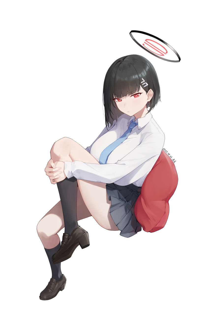 1girl absurdres aged_down black_hair black_skirt black_socks blue_archive blue_necktie blunt_ends blush breasts dated halo highres holding_own_leg huge_breasts kneehighs looking_at_viewer miniskirt necktie pleated_skirt red_eyes rio_(blue_archive) shirt short_hair signature simple_background sitting skirt socks solo sukaliya white_background white_shirt