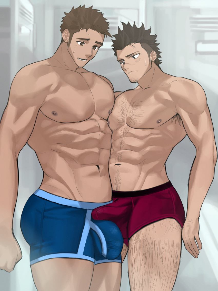 2boys abs armpit_hair ass bad_id bad_twitter_id bara blue_male_underwear blush brown_hair bulge bulge_press bulges_touching chest_hair dark-skinned_male dark_skin facial_hair feet_out_of_frame goatee goburin_second hairy half-erect highres large_pectorals leg_hair locker locker_room long_sideburns looking_at_bulge male_focus male_underwear mature_male multiple_boys muscular muscular_male navel navel_hair nipples open_mouth original paid_reward_available pectoral_docking pectoral_press pectorals penis_size_difference red_male_underwear scar scar_on_face scar_on_nose short_hair sideburns standing stomach sweatdrop thick_eyebrows thick_thighs thighs topless_male undercut underwear yaoi