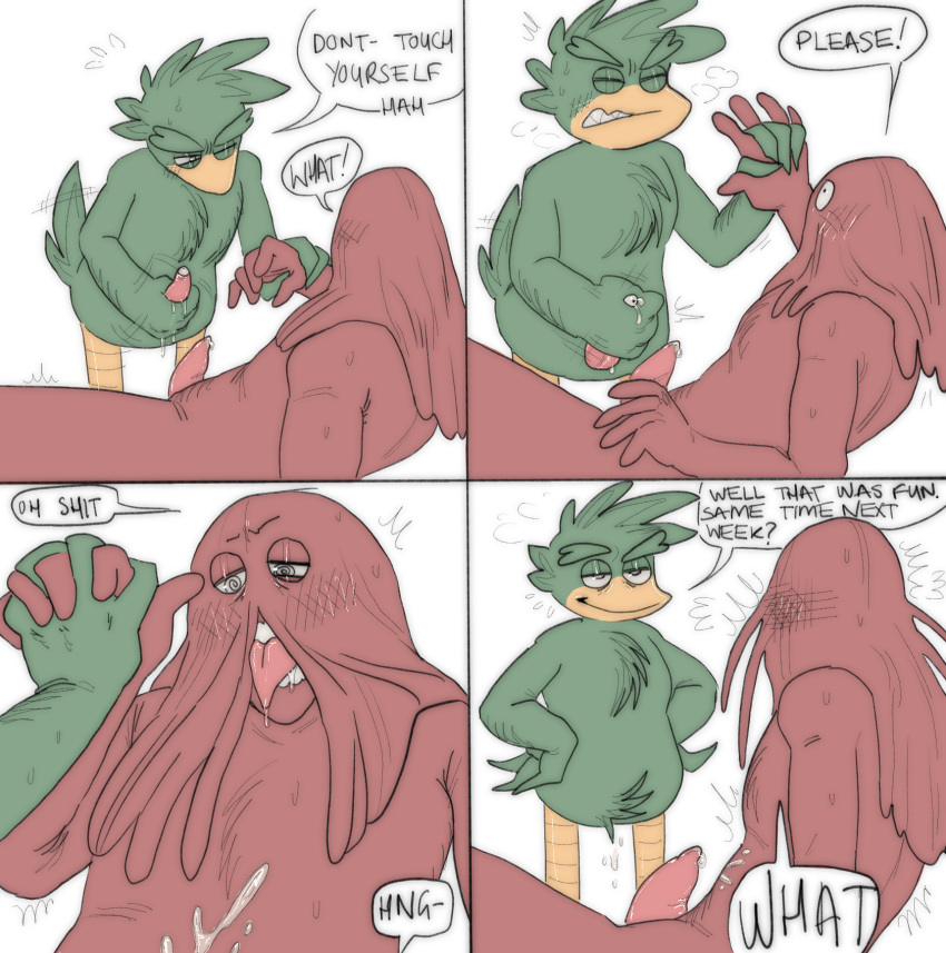 anthro avian begging bird blush bodily_fluids comic command cum cum_on_body don't_hug_me_i'm_scared drooling duck_guy_(dhmis) duo feathers genital_fluids genitals green_body green_feathers hair hand_holding hi_res humanoid lidded_eyes male male/male masturbation nude penile penile_masturbation penis red_body red_guy_(dhmis) red_hair saliva size_difference small_dom_big_sub smile tail_feathers tapering_penis tongue tongue_out werdopon