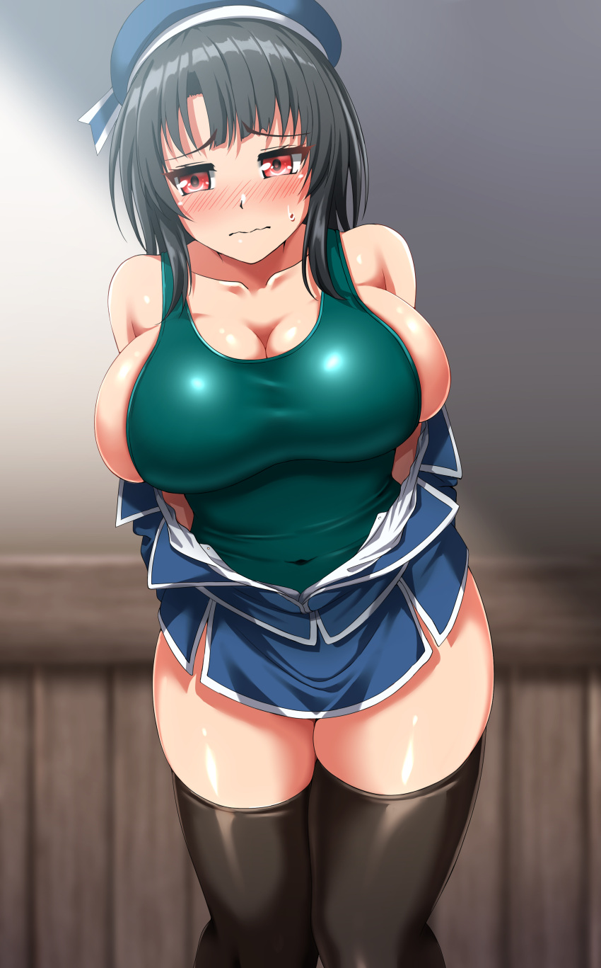 1girl absurdres beret black_hair black_thighhighs blue_headwear blue_skirt blush breasts collarbone competition_swimsuit embarrassed green_one-piece_swimsuit hat highres huge_breasts kantai_collection military_uniform miniskirt one-piece_swimsuit red_eyes short_hair sideboob skirt solo standing sweatdrop swimsuit takao_(kancolle) thighhighs undressing uniform zanntetu