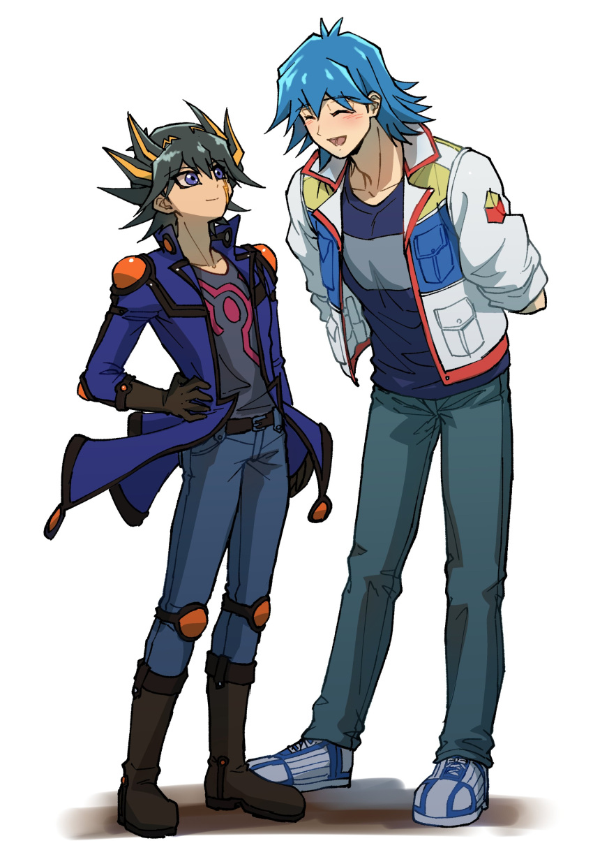 2boys absurdres arms_behind_back belt black_hair black_shirt blue_eyes blue_hair blue_jacket blue_pants blue_shirt boots brown_footwear brown_gloves bruno_(yu-gi-oh!) closed_eyes denim elbow_pads facial_mark facial_tattoo fudou_yuusei gloves hand_on_own_hip height_difference highres jacket jeans knee_pads leaning leaning_back leaning_forward looking_at_another male_focus marking_on_cheek multicolored_hair multiple_boys open_clothes open_jacket open_mouth pants shadow shirt shoes short_hair shoulder_pads simple_background sleeves_rolled_up smile sneakers spiked_hair standing streaked_hair t-shirt tattoo white_background white_footwear white_jacket youko-shima yu-gi-oh! yu-gi-oh!_5d's