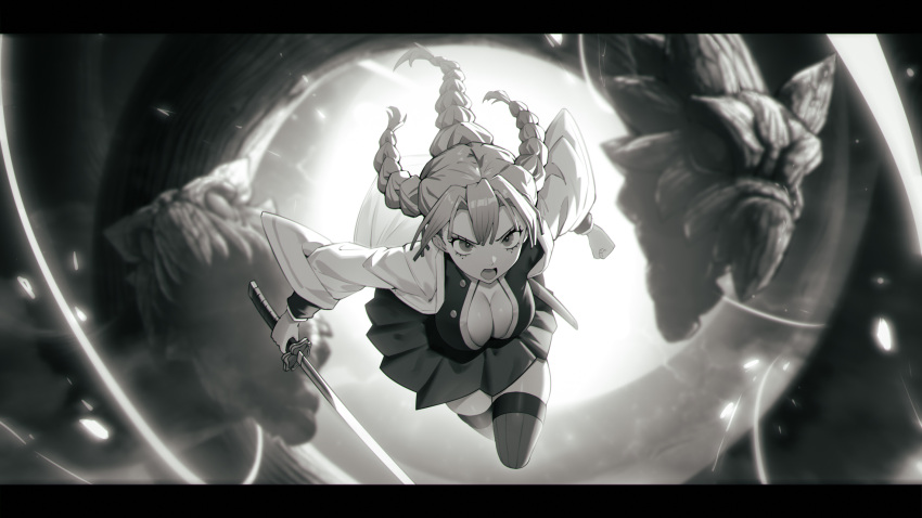 1girl 95--- battle braid breasts cleavage clenched_hand demon_slayer_uniform greyscale haori highres holding holding_sword holding_weapon japanese_clothes kanroji_mitsuri kimetsu_no_yaiba large_breasts long_hair midair mole mole_under_eye monochrome monster multiple_braids partially_unbuttoned ribbed_legwear ribbed_thighhighs solo sword tri_braids weapon whip_sword