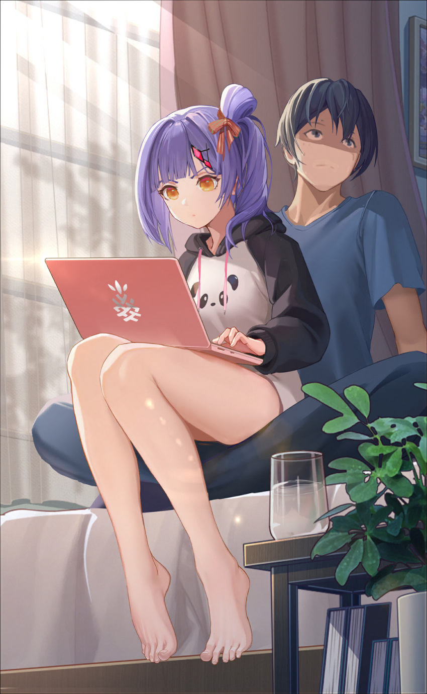 1boy 1girl animal_print barefoot bear_print black_hood black_sleeves blue_pants blue_shirt book computer crazy_ones hair_ornament hairclip highres hood hoodie laptop official_art only panda_print pants protagonist_(crazy_ones) purple_hair qianye_zhizi shirt side_ponytail sitting t-shirt typing white_hoodie yellow_eyes