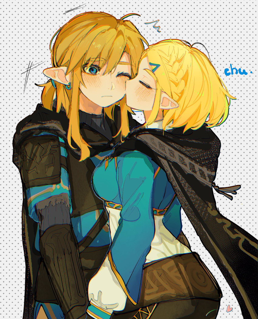 1boy 1girl black_cape black_pants blonde_hair blue_eyes blue_shirt blue_tunic blush braid breasts cape closed_eyes closed_mouth commentary_request couple crown_braid earrings hair_behind_ear hair_ornament hairclip heart highres jewelry kiss kissing_cheek link medium_breasts official_alternate_hair_length official_alternate_hairstyle one_eye_closed pants parted_bangs pointy_ears princess princess_zelda profile shanodesu shirt short_hair sidelocks the_legend_of_zelda the_legend_of_zelda:_tears_of_the_kingdom