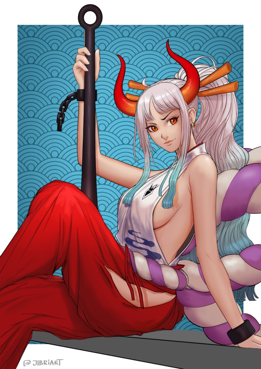 1girl aqua_hair arm_support arm_up border breasts chain closed_mouth club_(weapon) cuffs curled_horns earrings from_side gradient_horns grey_hair hair_ornament hair_stick hakama hakama_pants high_ponytail highres hip_vent holding holding_weapon horns japanese_clothes jewelry jibri_art kanabou kimono large_breasts leaning_back light_smile lips long_hair looking_at_viewer multicolored_hair multicolored_horns one_piece oni orange_eyes orange_horns outside_border pants raised_eyebrow red_hakama red_horns rope shackles sideboob sleeveless sleeveless_kimono solo twitter_username very_long_hair weapon white_border yamato_(one_piece)