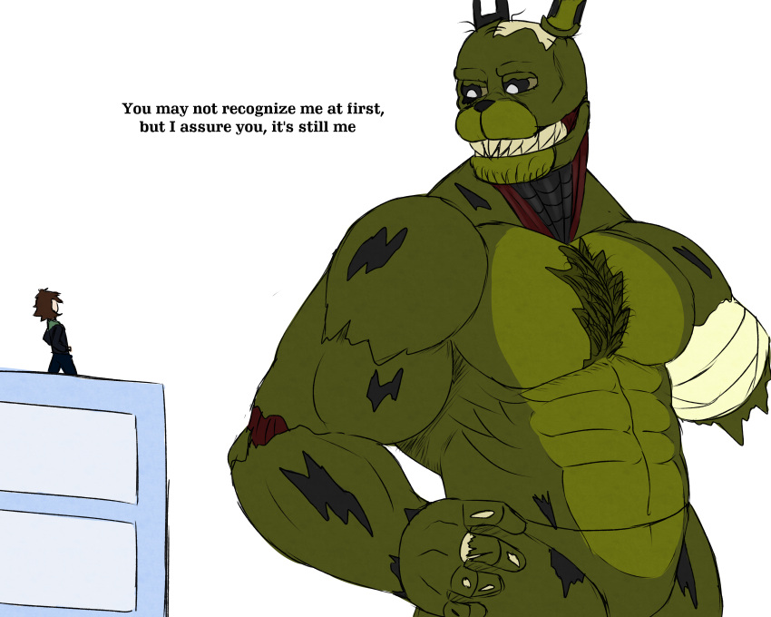 5:4 absurd_res animatronic anthro body_hair chest_hair duo english_text five_nights_at_freddy's freddy_fazbear's_pizzeria_simulator green_body hairy hi_res human humanoid lagomorph leporid machine male male/male mammal muscular muscular_male nastybluepal rabbit robot scottgames scraptrap_(fnaf) sharp_teeth simple_background size_difference springtrap_sanctuary teeth text