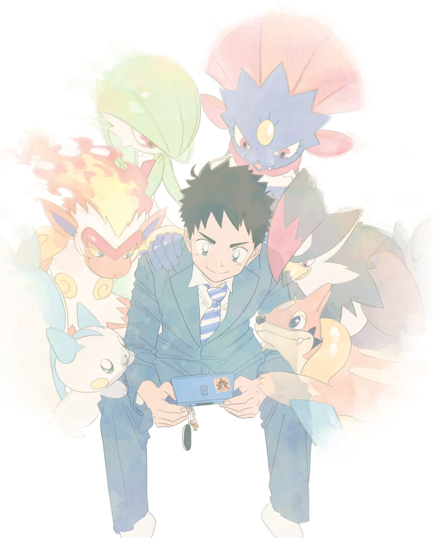 beak bird black_hair blue_eyes blue_necktie blue_suit business_suit collared_shirt darkrai fire floatzel gardevoir grey_eyes hand_on_another's_shoulder happy highres infernape looking_at_another multicolored_necktie necktie original pachirisu pants playing_games pokemon pokemon_(creature) pokemon_(game) red_eyes shirt short_hair simple_background sitting squirrel staraptor striped_necktie suit urachan1629 weavile white_background white_necktie white_shirt