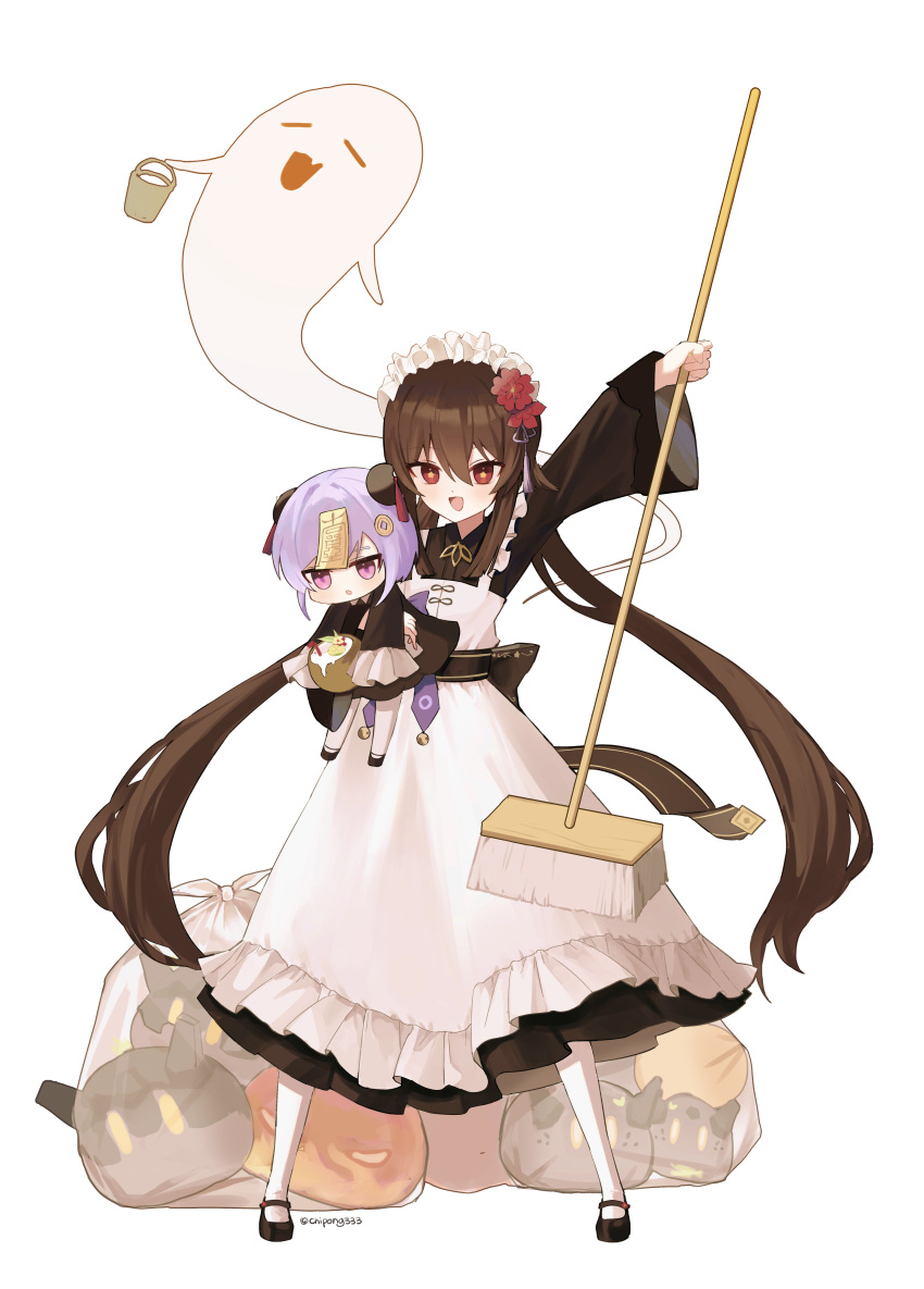 2girls :d absurdres alternate_costume apron arm_up bendy_straw black_dress black_footwear broom brown_hair bucket chipong closed_eyes coconut commentary_request dress drinking_straw enmaided fang flower frilled_apron frills fruit_cup full_body genshin_impact ghost hair_between_eyes hair_flower hair_ornament highres holding holding_broom hu_tao_(genshin_impact) long_hair long_sleeves low_twintails maid maid_apron maid_headdress mini_person minigirl multiple_girls ofuda pantyhose purple_eyes purple_hair qiqi_(genshin_impact) red_eyes red_flower shoes simple_background smile star-shaped_pupils star_(symbol) symbol-shaped_pupils transparent trash_bag twintails twitter_username very_long_hair white_apron white_background white_pantyhose wide_sleeves