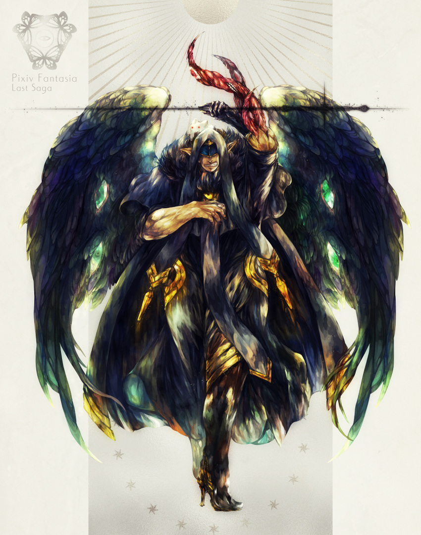 1boy ansudada_(pixiv_fantasia_last_saga) arm_up blindfold clenched_teeth copyright_name full_body fur_trim gold_trim highres pixiv_fantasia pixiv_fantasia_last_saga pointy_ears sansyou-1-(yamatanaka) simple_background solo standing teeth tentacles wings