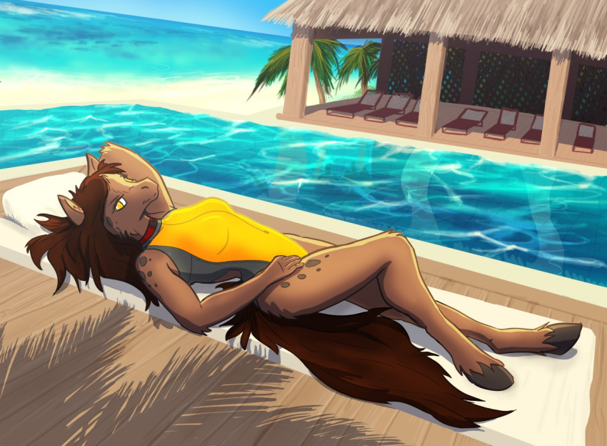 after_transformation anthro beach breasts brown_body brown_fur brown_hair clothing colored equid equine female fur gender_transformation hair hooves horse long_hair looking_at_viewer lying mammal medium_breasts mtf_transformation poolside schmen seaside solo species_transformation swimwear tail transformation yellow_eyes