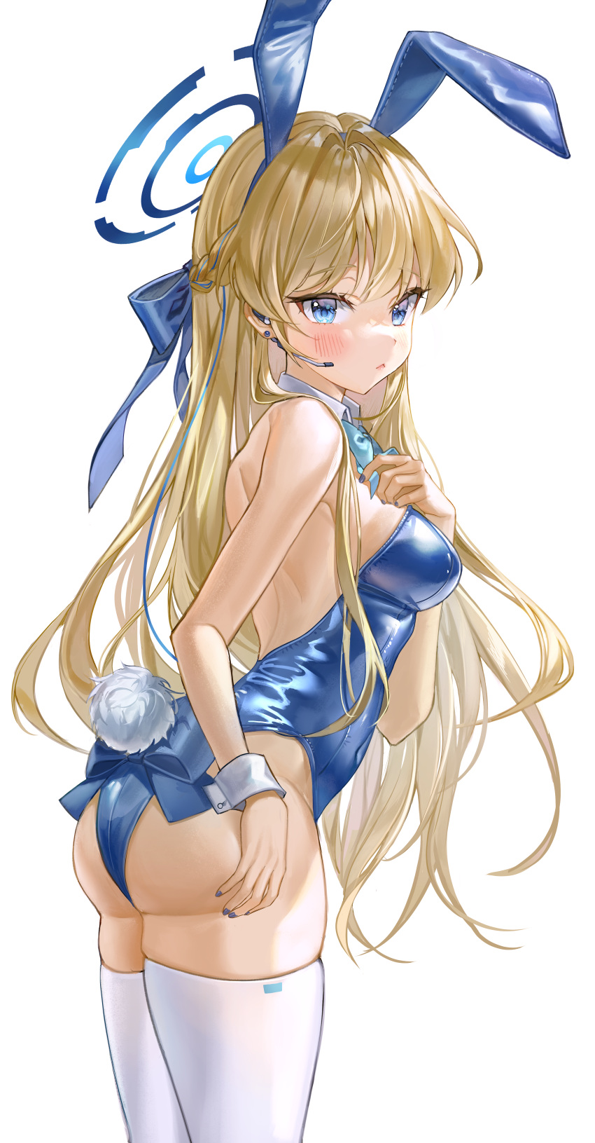 1girl :< absurdres aina_156cm animal_ears aqua_bow aqua_bowtie ass back backless_leotard bare_shoulders blonde_hair blue_archive blue_eyes blue_hairband blue_halo blue_leotard blue_nails blush bow bowtie braid breasts covered_navel cowboy_shot detached_collar fake_animal_ears fake_tail from_side hair_bow hair_intakes hairband half_up_braid halo hand_on_own_ass hand_on_own_chest headset highleg highleg_leotard highres leotard long_hair looking_at_viewer medium_breasts microphone multicolored_hair official_alternate_costume playboy_bunny rabbit_ears rabbit_tail ribbon shiny_clothes shoulder_blades sideboob simple_background skindentation solo strapless strapless_leotard streaked_hair tail thighhighs toki_(blue_archive) toki_(bunny)_(blue_archive) tsurime very_long_hair white_background white_thighhighs white_wrist_cuffs wrist_cuffs