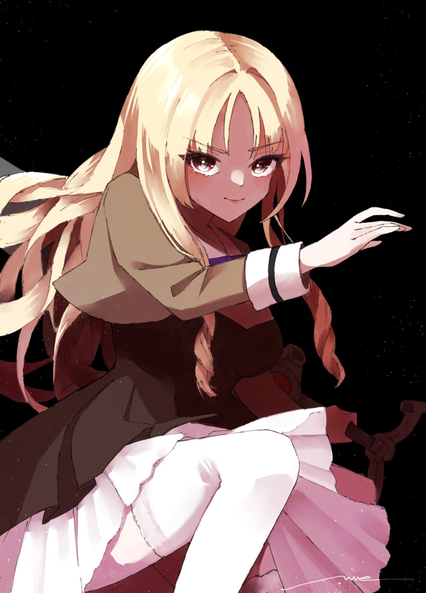 1girl amahara_nue arm_at_side artist_name assault_lily black_background blonde_hair breasts brown_dress brown_jacket closed_mouth commentary_request cropped_jacket dress drill_hair floating_hair frilled_dress frills hand_up highres holding holding_sword holding_weapon jacket knee_up layered_dress light_particles light_smile long_hair long_sleeves looking_at_viewer medium_breasts moroi_saho neck_ribbon pleated_dress purple_ribbon red_eyes reverse_grip ribbon school_uniform shirt sidelocks sign simple_background solo sword thighhighs twin_drills v-shaped_eyebrows very_long_hair weapon white_shirt white_thighhighs