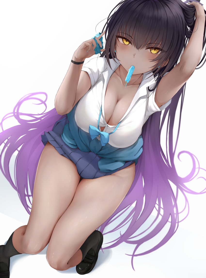 1girl absurdres black_hair blue_archive blue_bow blue_bowtie bow bowtie breasts cleavage dark-skinned_female dark_skin esearu food from_above gradient_hair highres karin_(blue_archive) large_breasts long_hair looking_at_viewer mouth_hold multicolored_hair popsicle purple_hair revision shirt simple_background solo white_background white_shirt yellow_eyes