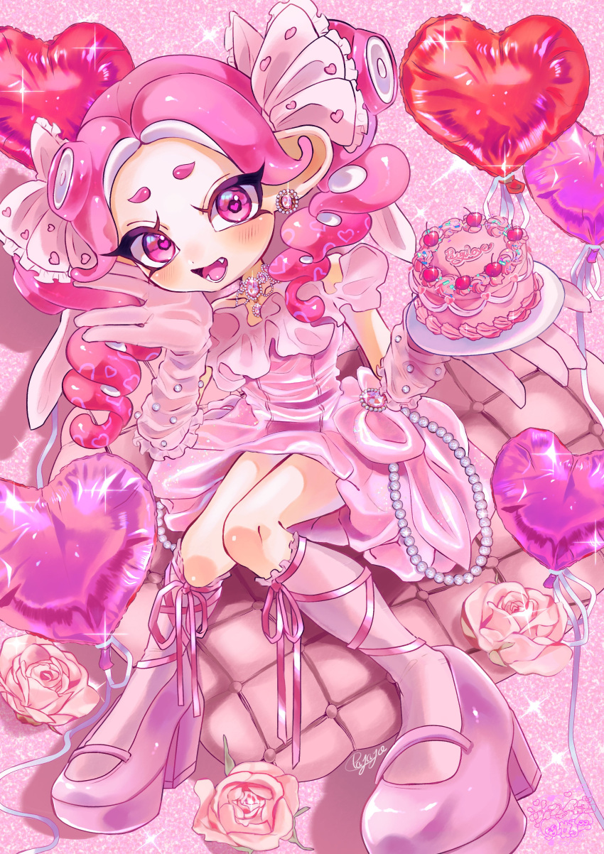 1girl absurdres cake commentary_request dress drill_hair earrings eyelashes fangs flower food glint gloves heart heart-shaped_pupils highres jewelry long_hair octoling octoling_girl open_mouth payayo884 pink_background pink_dress pink_eyes pink_flower pink_footwear pink_gloves pink_hair pink_theme solo splatoon_(series) symbol-shaped_pupils tentacle_hair