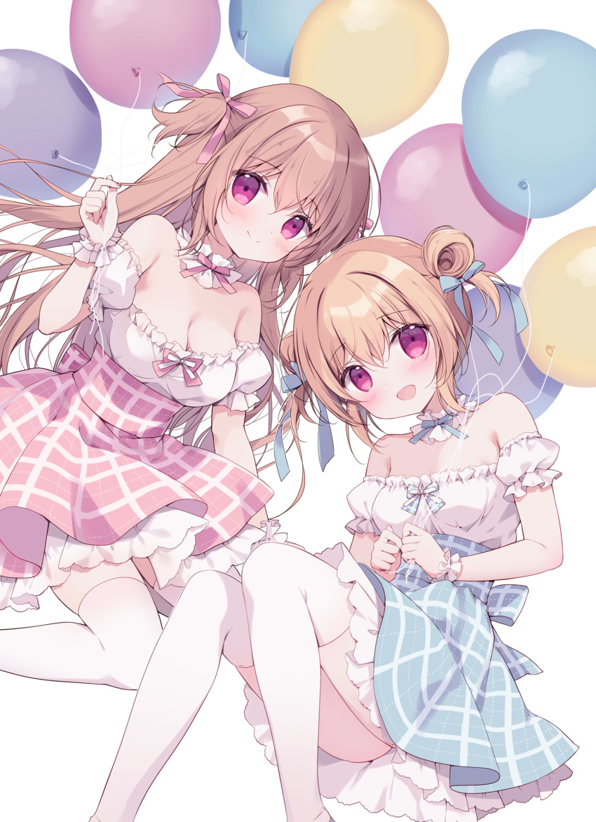 2girls :d balloon bare_shoulders blue_bow blue_skirt blush bow breasts brown_hair cleavage closed_mouth commentary_request detached_sleeves double_bun feet_out_of_frame frilled_shirt frilled_sleeves frills hair_between_eyes hair_bow hair_bun highres holding holding_balloon knees_together_feet_apart knees_up long_hair medium_breasts miyasaka_miyu multiple_girls original pink_bow pink_skirt puffy_short_sleeves puffy_sleeves purple_eyes shirt short_sleeves simple_background skirt small_breasts smile strapless strapless_shirt thighhighs two_side_up very_long_hair white_background white_shirt white_sleeves white_thighhighs